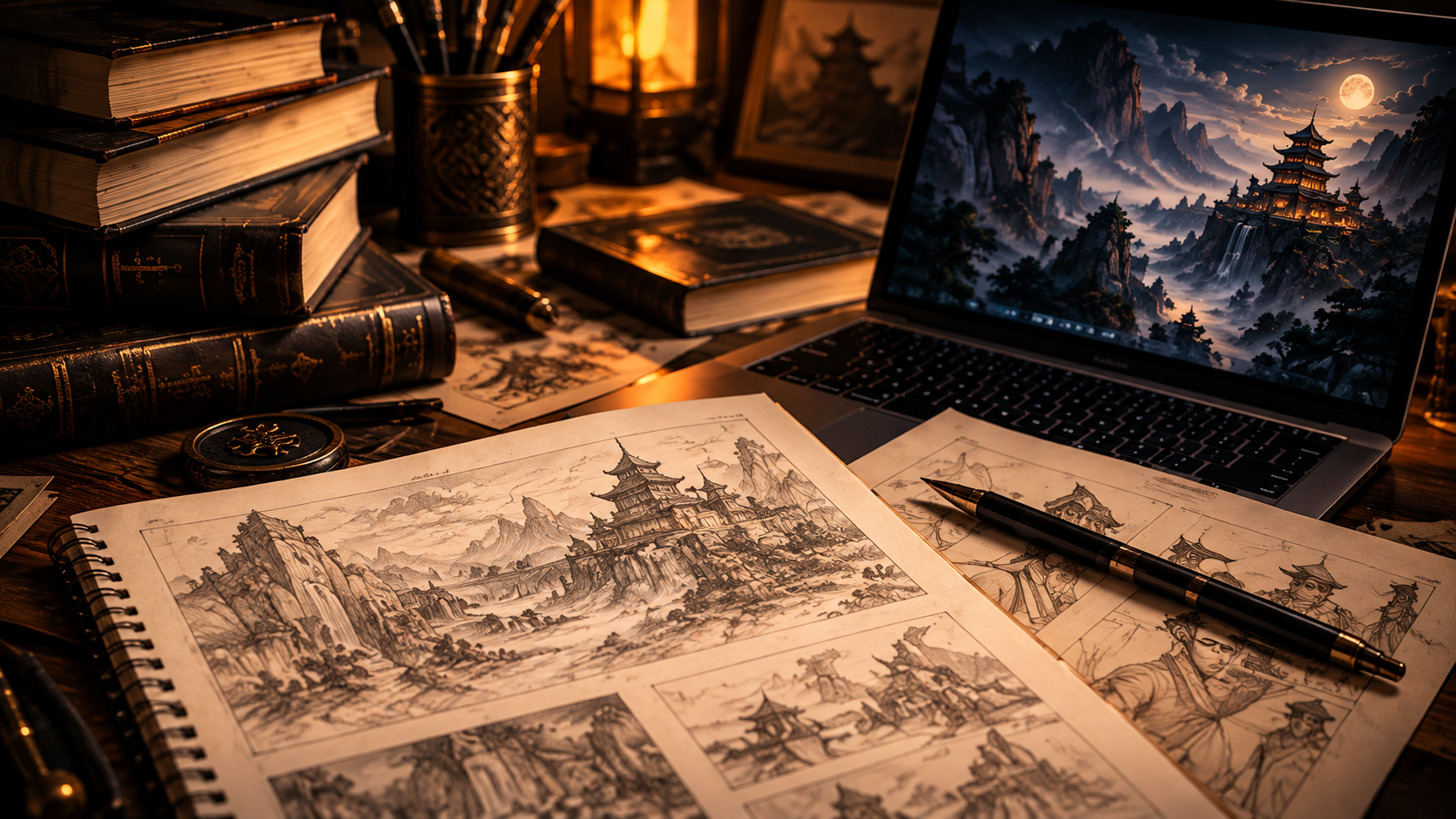 Scrivania con computer, libri e materiali creativi